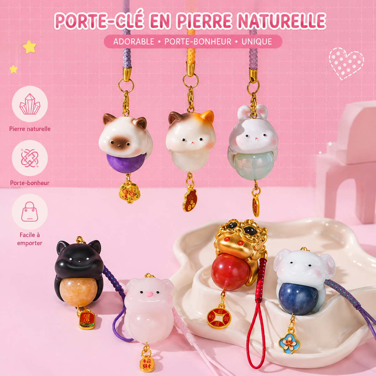 Blind box Pendentif Porte-Bonheur Chat & Pierres Naturelles