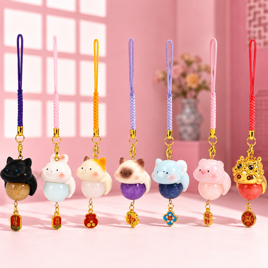 Blind box Pendentif Porte-Bonheur Chat & Pierres Naturelles