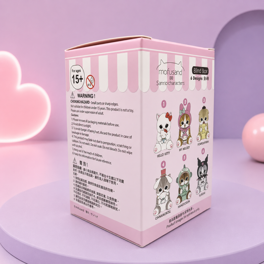 Packaging blind box Mofusand Sanrio kawaii avec les 6 designs mignons de la série