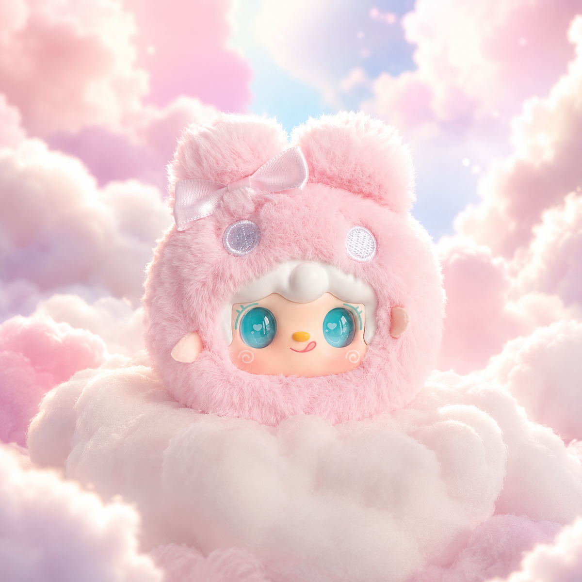 Mini peluche lapin Yooki Cutely Rabbit rose installée dans sa pochette vitrine transparente de transport Junkopop