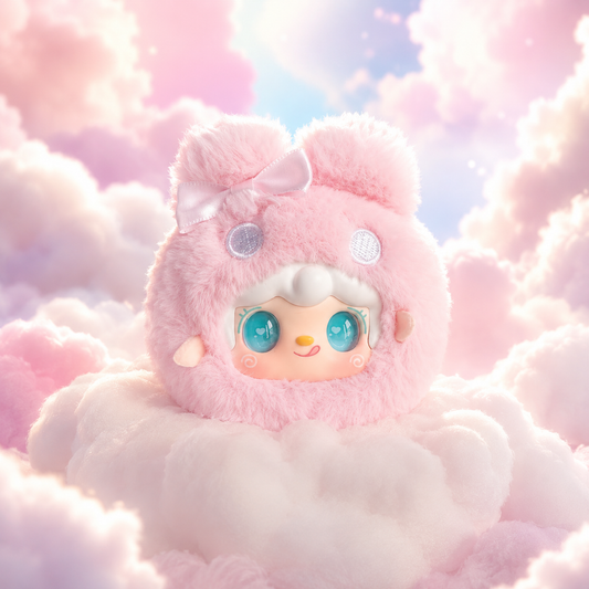 Mini peluche lapin Yooki Cutely Rabbit rose installée dans sa pochette vitrine transparente de transport Junkopop